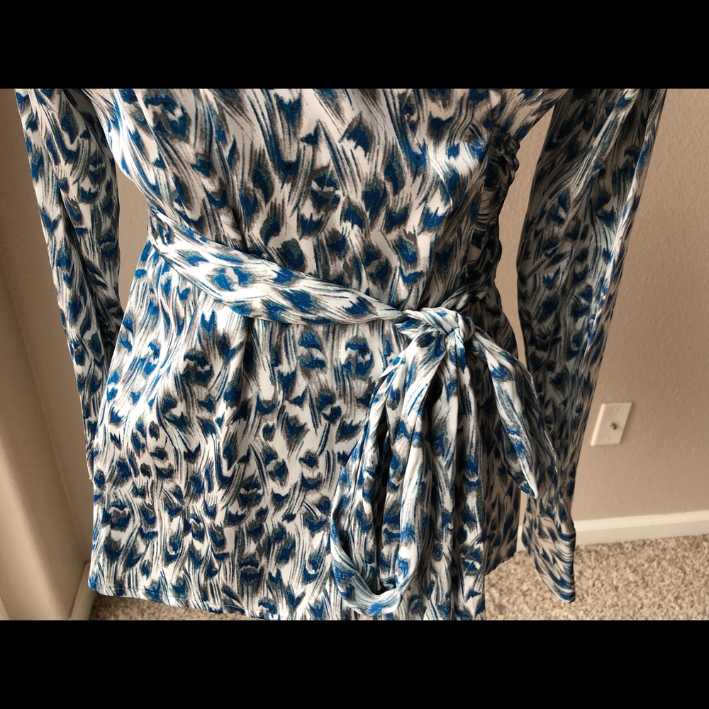 Blue and White Printed Wrap Blouse with Tie Waist - Picture 3 of 4